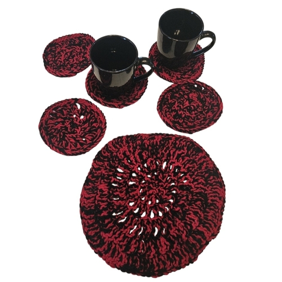 Hand Crafted Hand Knit Crochet Coaster 6pc Set Red & black double stitch floral - Picture 4 of 17